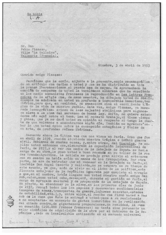 Carta de Luis Araquistáin a Pablo Picasso