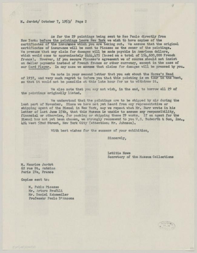 A letter from Letitia T. Howe to Pablo Picasso