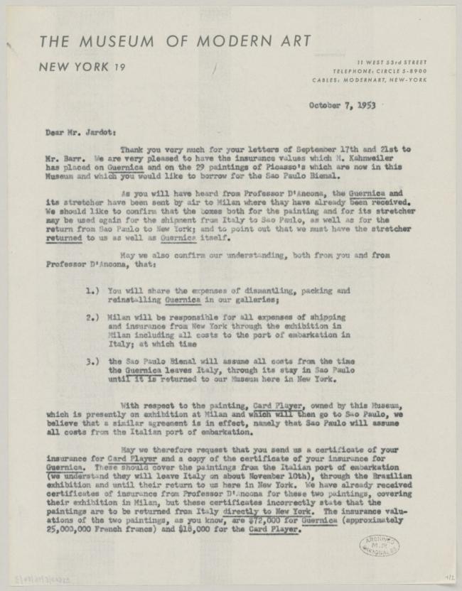 A letter from Letitia T. Howe to Pablo Picasso