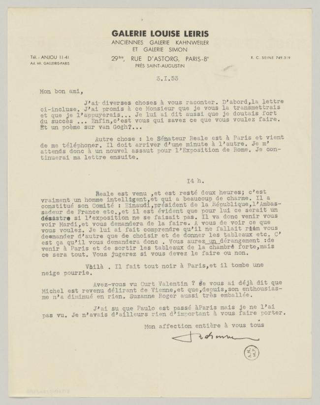 Daniel-Henry Kahnweiler's letter to Pablo Picasso, dated 3 January 1953