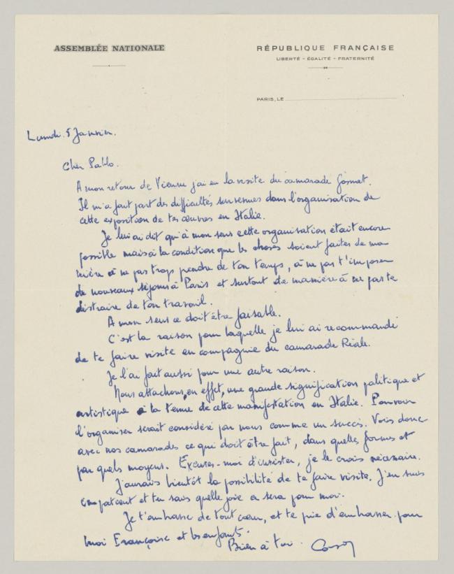 Letter from the Assemblé National of France to Pablo Picasso