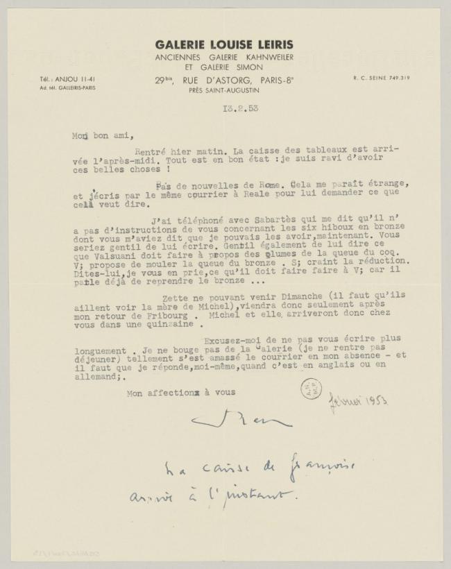 Daniel-Henry Kahnweiler's letter to Pablo Picasso, dated 13 February 1953
