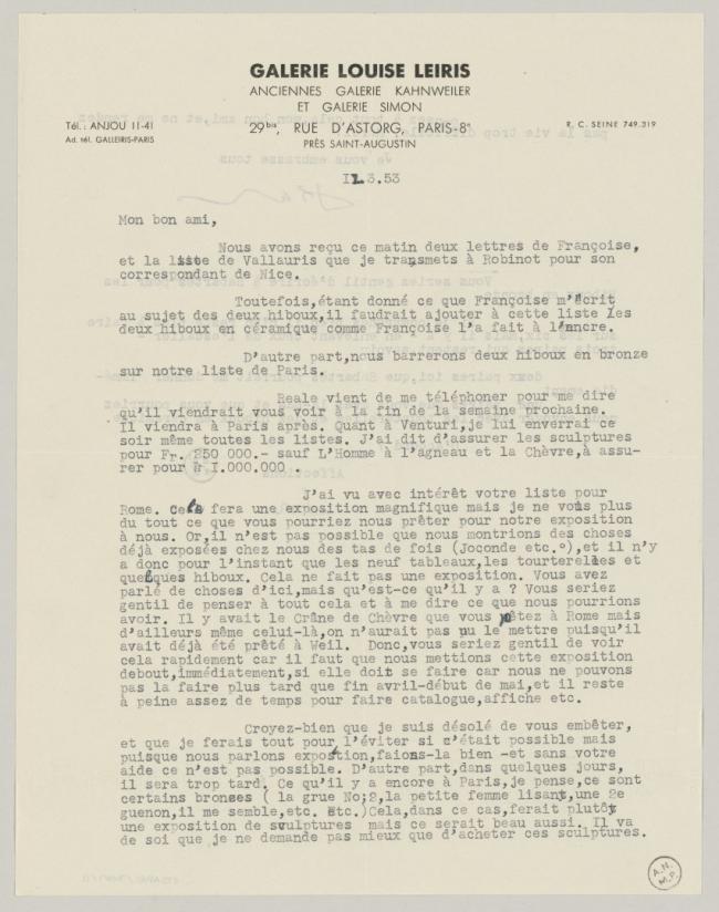 Daniel-Henry Kahnweiler's letter to Pablo Picasso, dated 11 March 1953