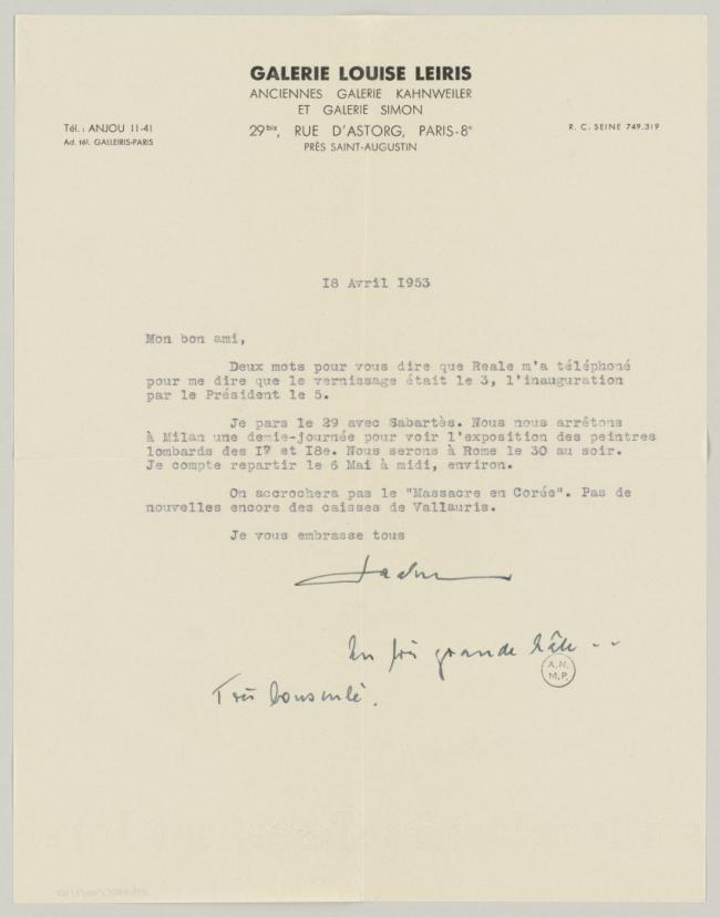 Daniel-Henry Kahnweiler's letter to Pablo Picasso, dated 18 April 1953