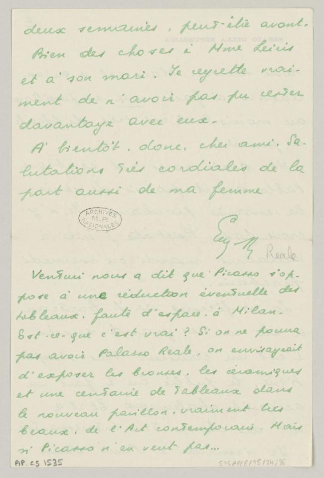 Carta de Eugenio Reale a Daniel-Henry Kahnweiler