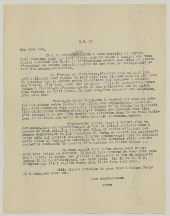 Carta de Daniel-Henry Kahnweiler a Eugenio Reale