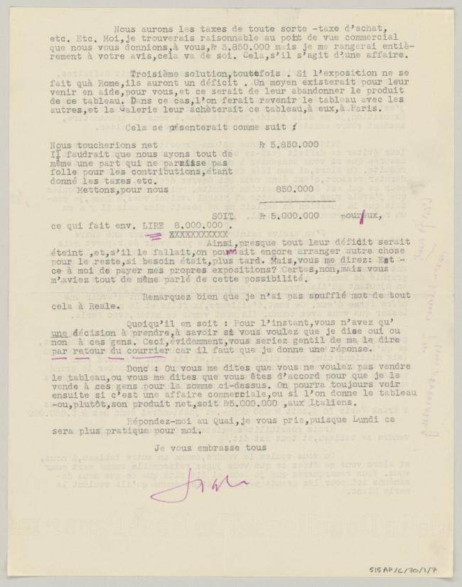 Carta de Daniel-Henry Kahnweiler a Pablo Picasso del 5 de junio de 1953