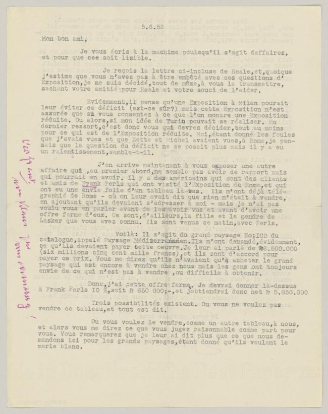Carta de Daniel-Henry Kahnweiler a Pablo Picasso del 5 de junio de 1953