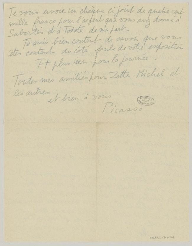 Pablo Picasso's letter to Daniel-Henry Kahnweiler, dated 7 June 1953