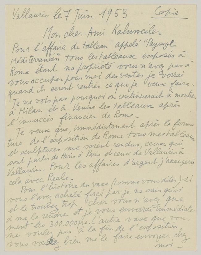 Pablo Picasso's letter to Daniel-Henry Kahnweiler, dated 7 June 1953