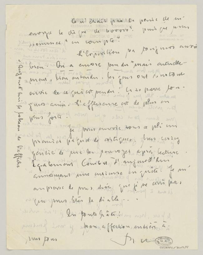 Carta de Daniel-Henry Kahnweiler a Pablo Picasso del 9 de junio de 1953