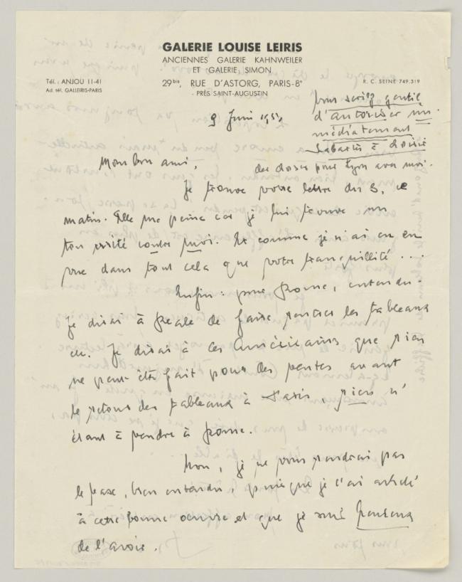 Carta de Daniel-Henry Kahnweiler a Pablo Picasso del 9 de junio de 1953