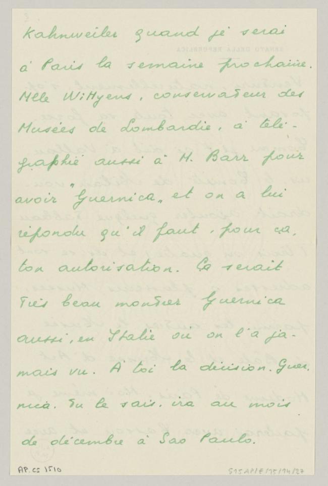 Carta de Eugenio Reale a Pablo Picasso del 19 de junio de 1953