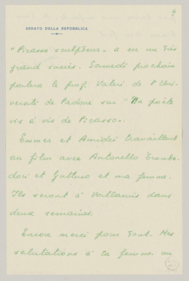 Carta de Eugenio Reale a Pablo Picasso del 19 de junio de 1953