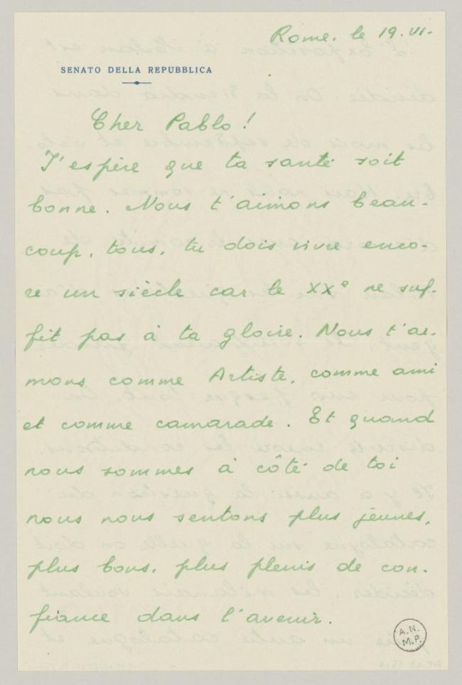 Carta de Eugenio Reale a Pablo Picasso del 19 de junio de 1953