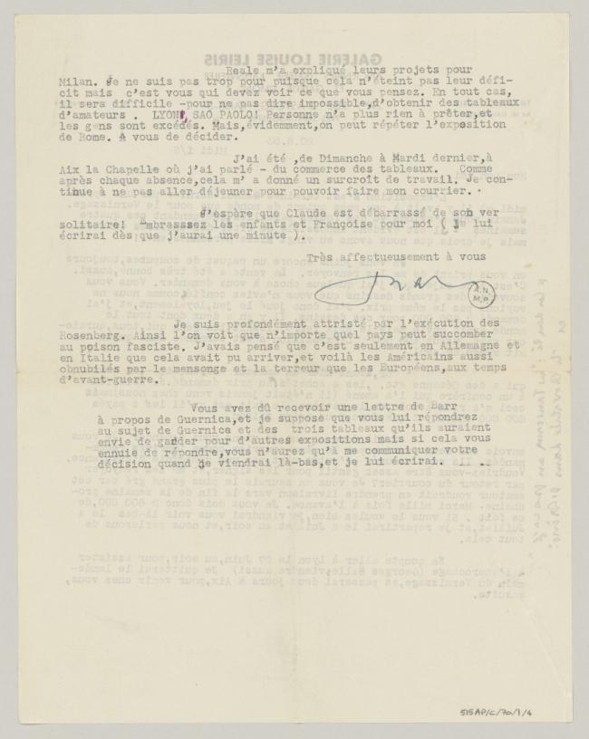 Carta de Daniel-Henry Kahnweiler a Pablo Picasso del 20 de junio de 1953