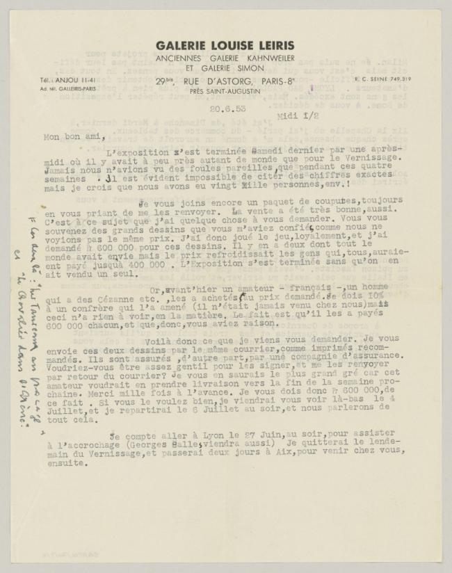 Carta de Daniel-Henry Kahnweiler a Pablo Picasso del 20 de junio de 1953