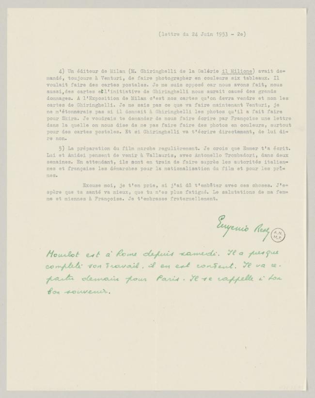 Carta de Eugenio Reale a Pablo Picasso del 24 de junio de 1953