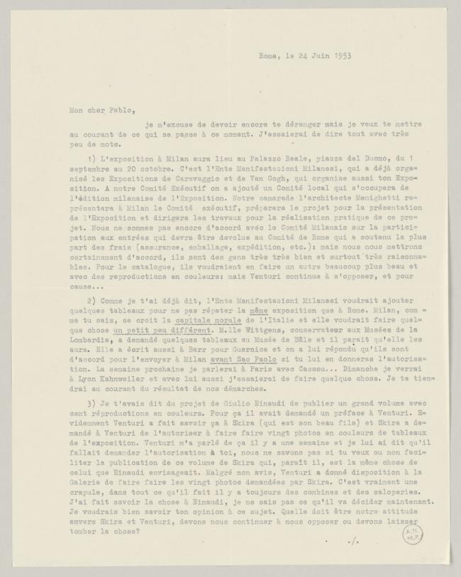 Carta de Eugenio Reale a Pablo Picasso del 24 de junio de 1953