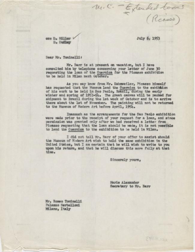 Carta de Marie Alexander a Romeo Toninelli