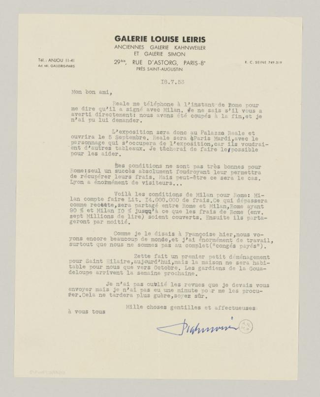 Carta de Daniel-Henry Kahnweiler a Pablo Picasso del 18 de julio de 1953