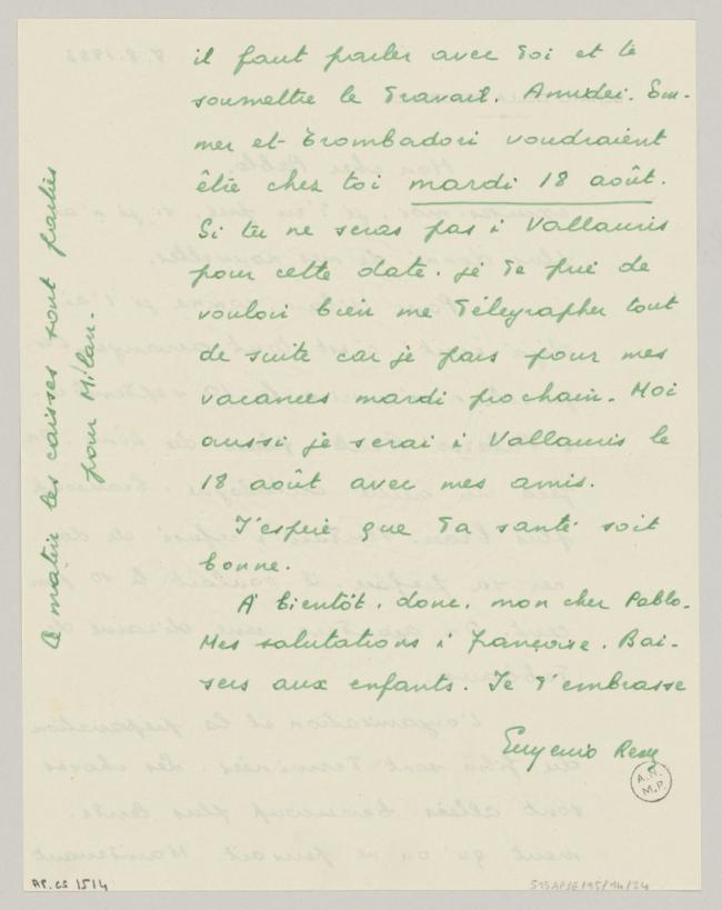 Carta de Eugenio Reale a Pablo Picasso del 7 de agosto de 1953