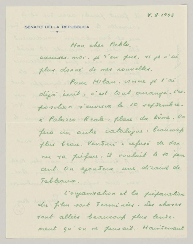 Carta de Eugenio Reale a Pablo Picasso del 7 de agosto de 1953