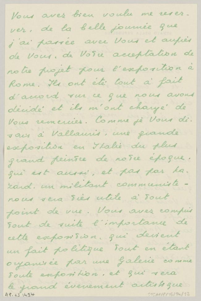 Carta de Eugenio Reale a Pablo Picasso del 17 de agosto de 1953