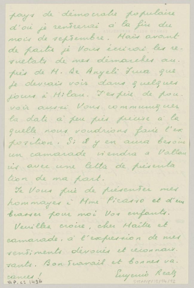 Carta de Eugenio Reale a Pablo Picasso del 17 de agosto de 1953