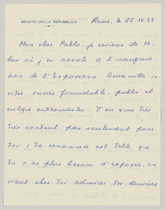 Carta de Eugenio Reale a Pablo Picasso del 25 de septiembre de 1953