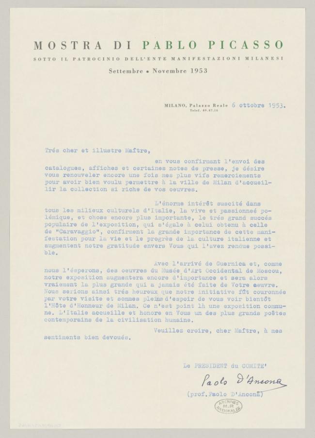 Carta de Paolo D'Ancona a Pablo Picasso