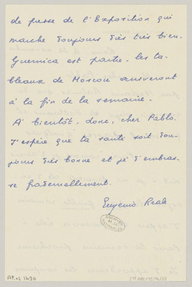 Carta de Eugenio Reale a Pablo Picasso del 26 de noviembre de 1956