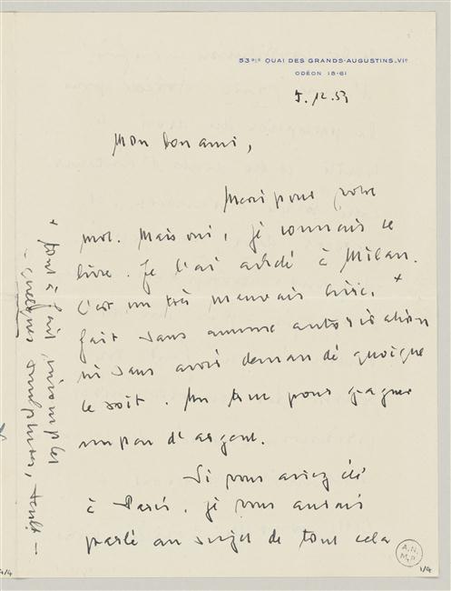 Carta de Daniel-Henry Kahnweiler a Pablo Picasso del 5 de diciembre de 1953