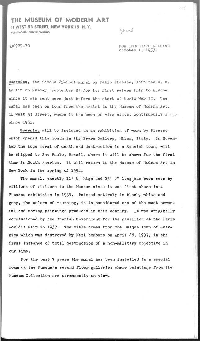 Nota de prensa del Museum of Modern Art de Nueva York sobre el viaje de Guernica a Europa