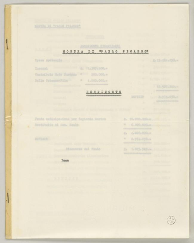 An expense inventory for the Pablo Picasso exhibition at the Palazzo Reale 