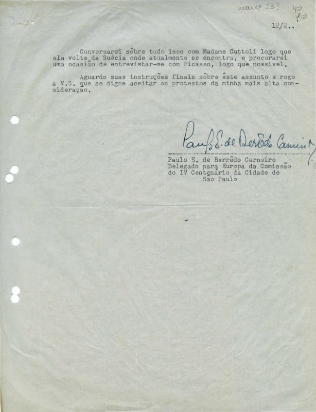 Carta de Paulo E. de Berrêdo Carneiro a Francisco Matarazzo Sobrinho