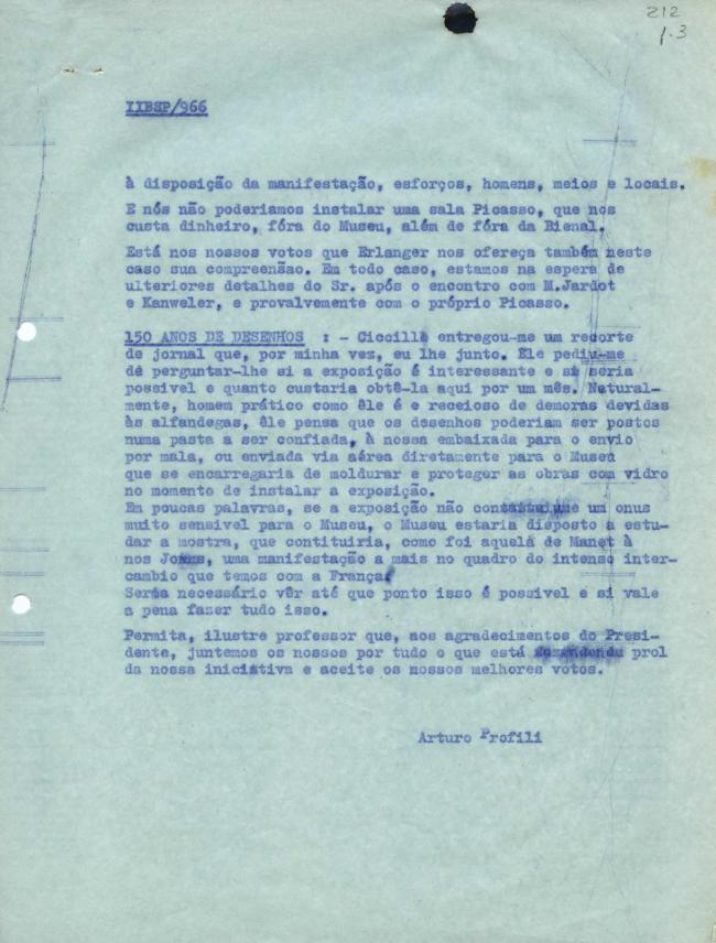 Carta de Arturo Profili a Paulo E. de Berrêdo Carneiro del 4 de marzo de 1953