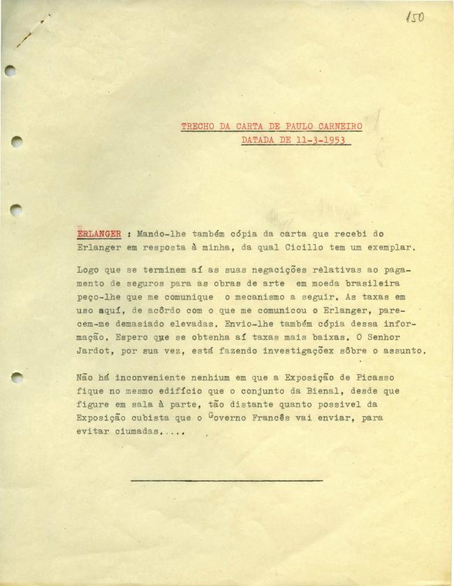 A letter from Paulo E. de Berrêdo Carneiro, dated 11 March 1953
