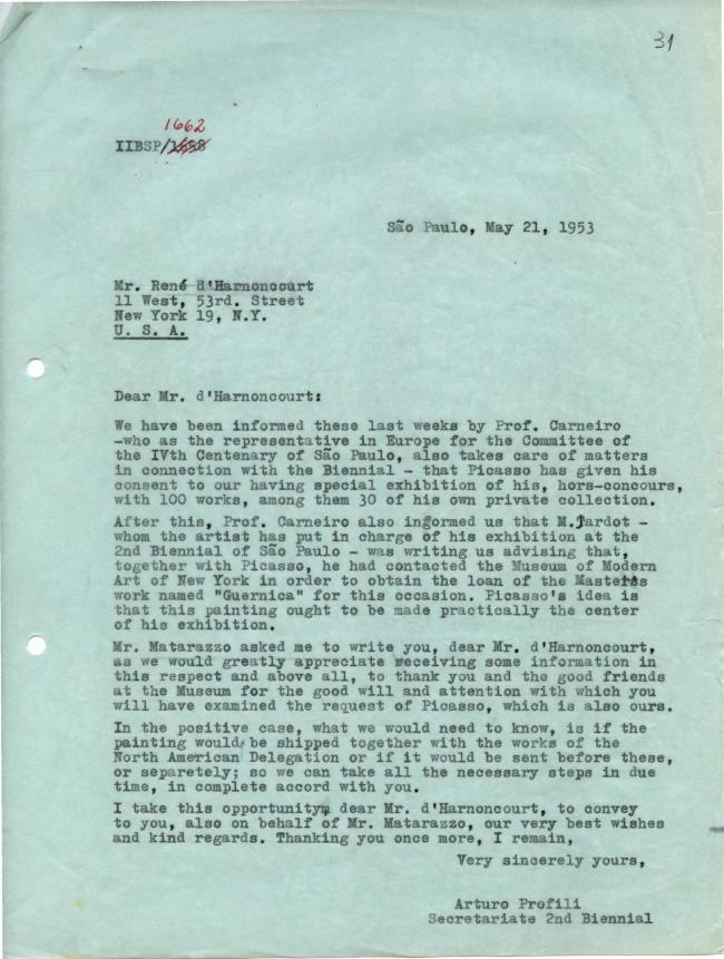 Carta de Arturo Profili a René d'Harnoncourt