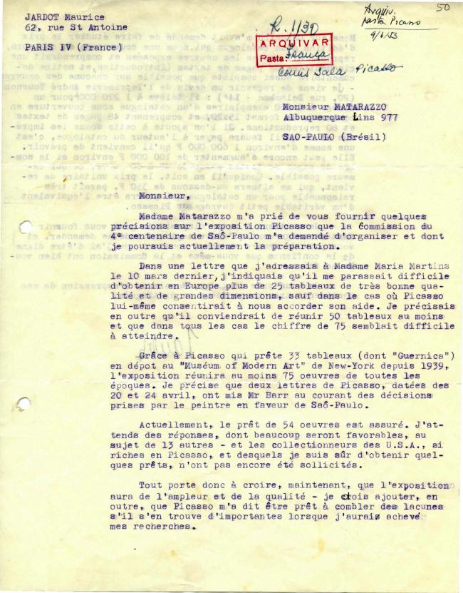 Maurice Jardot's letter to Francisco Matarazzo Sobrinho