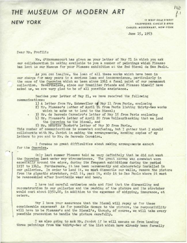 Carta de Alfred H. Barr Jr. a Arturo Profili