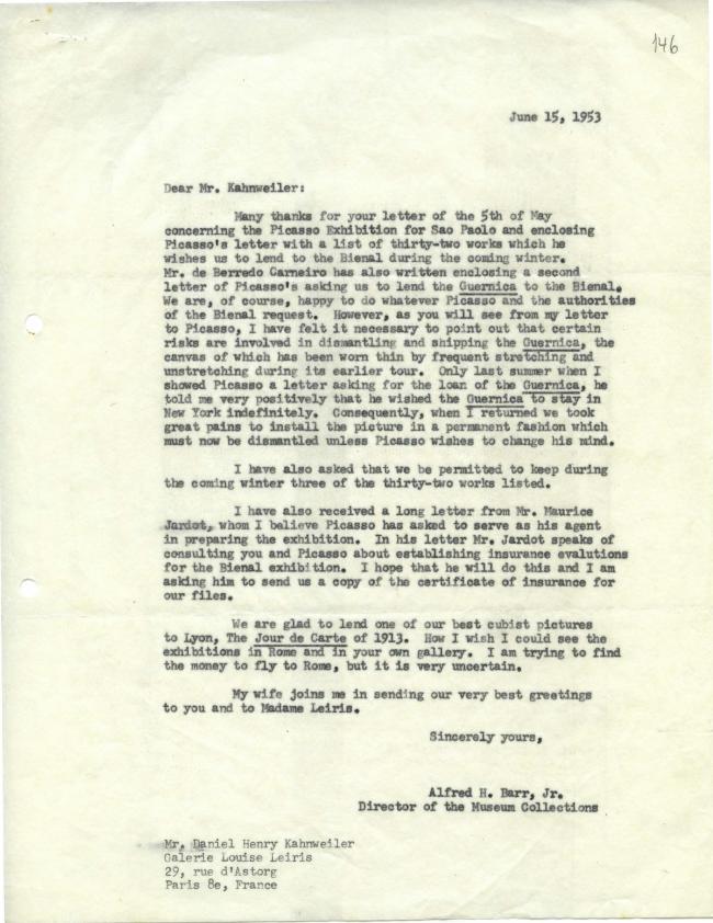 Carta de Alfred H. Barr Jr. a Daniel-Henry Kahnweiler del 15 de junio de 1953