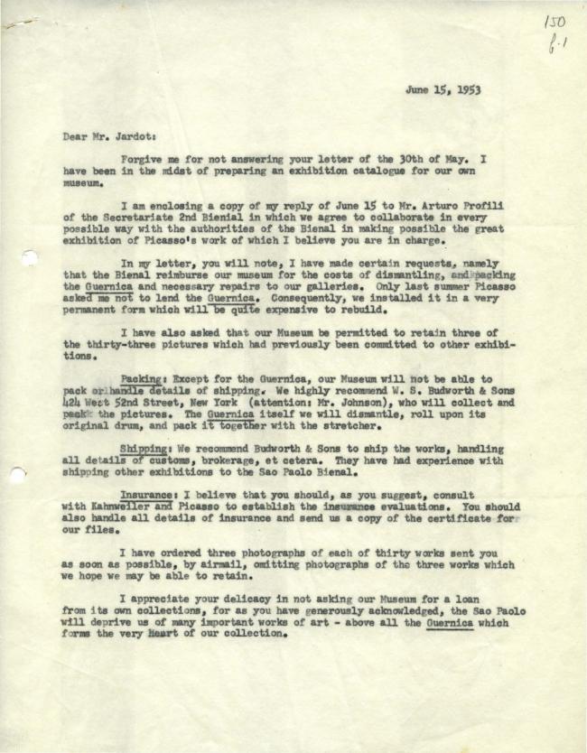 Carta de Alfred H. Barr Jr. a Maurice Jardot del 15 de junio de 1953