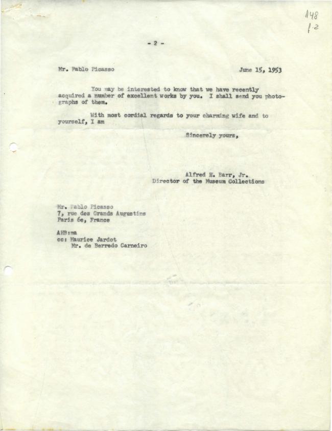 Carta de Alfred H. Barr Jr. a Pablo Picasso del 15 de junio de 1953