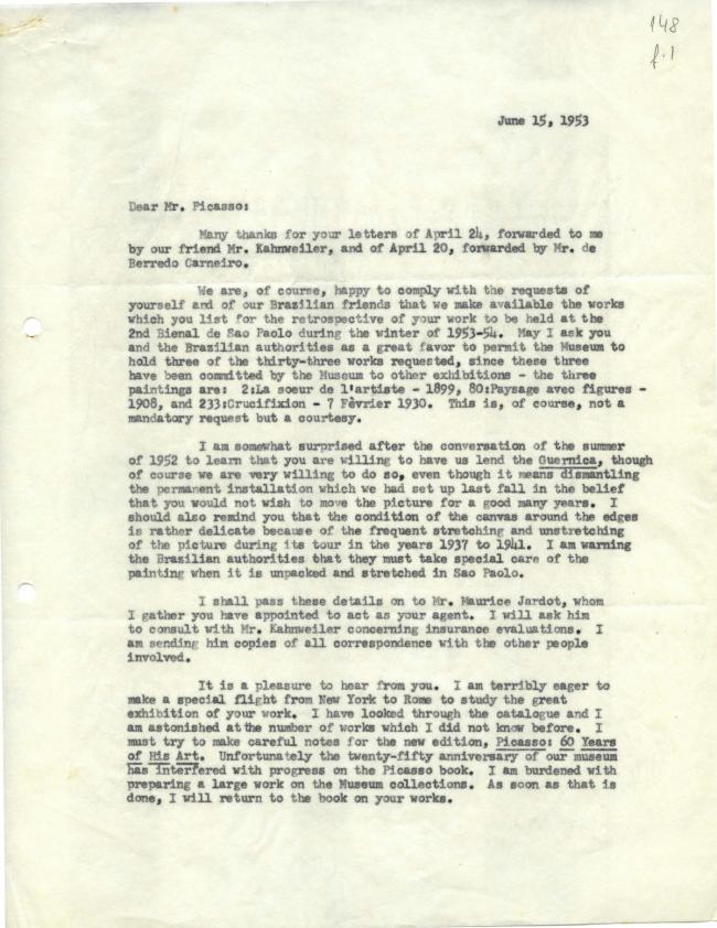Carta de Alfred H. Barr Jr. a Pablo Picasso del 15 de junio de 1953