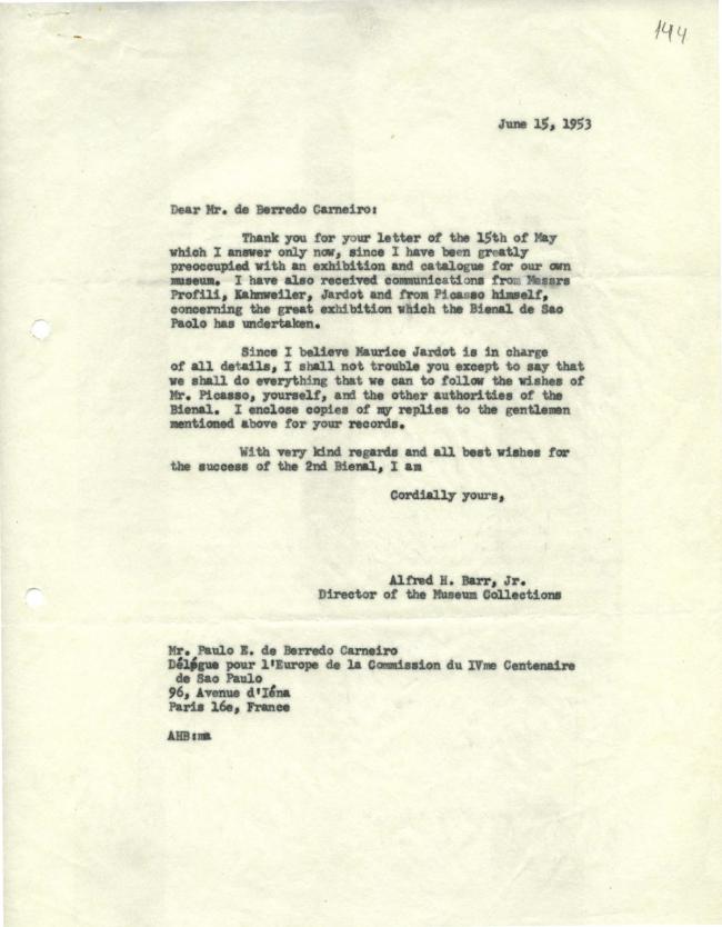 Alfred H. Barr Jr.'s letter to Paulo E. de Berrêdo Carneiro