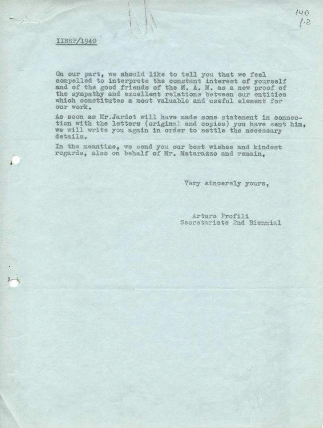 Carta de Arturo Profili a Alfred H. Barr Jr.