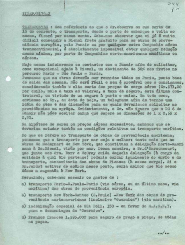 Carta de Arturo Profili a Paulo E. de Berrêdo Carneiro del 3 de agosto de 1953