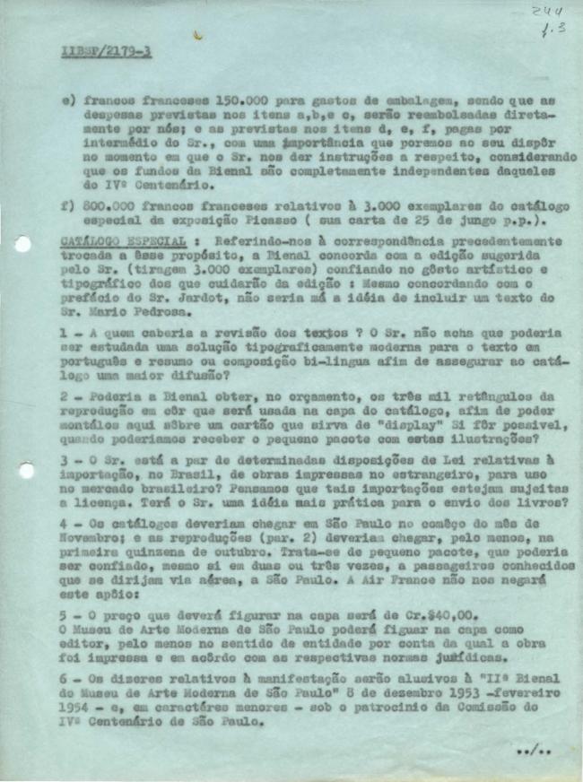 Carta de Arturo Profili a Paulo E. de Berrêdo Carneiro del 3 de agosto de 1953