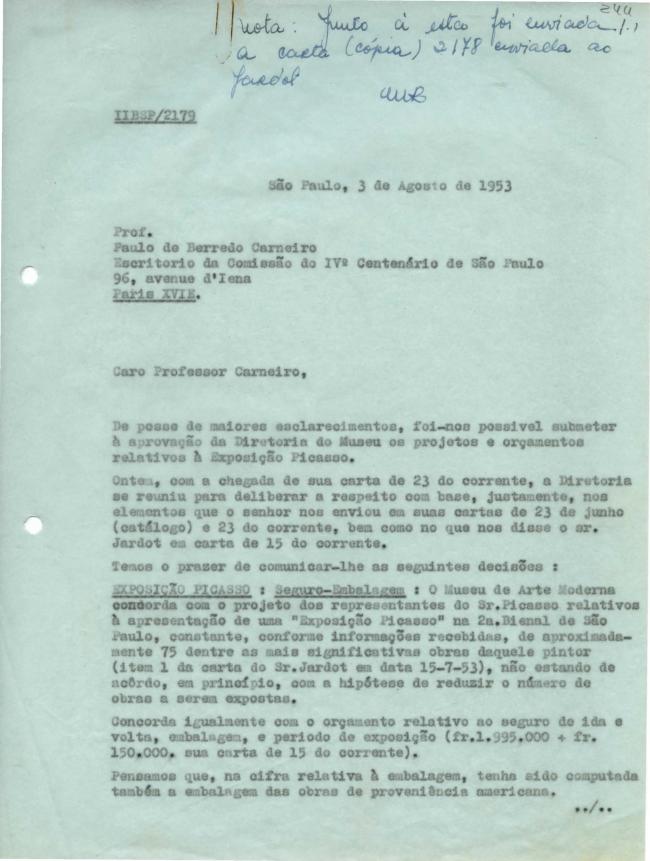 Carta de Arturo Profili a Paulo E. de Berrêdo Carneiro del 3 de agosto de 1953